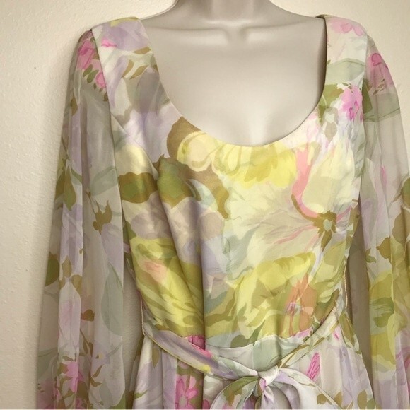 Vintage 1970s Floral Chiffon Maxi Dress Long Sleeve Tie Belt Back Zip Medium - Picture 4 of 14